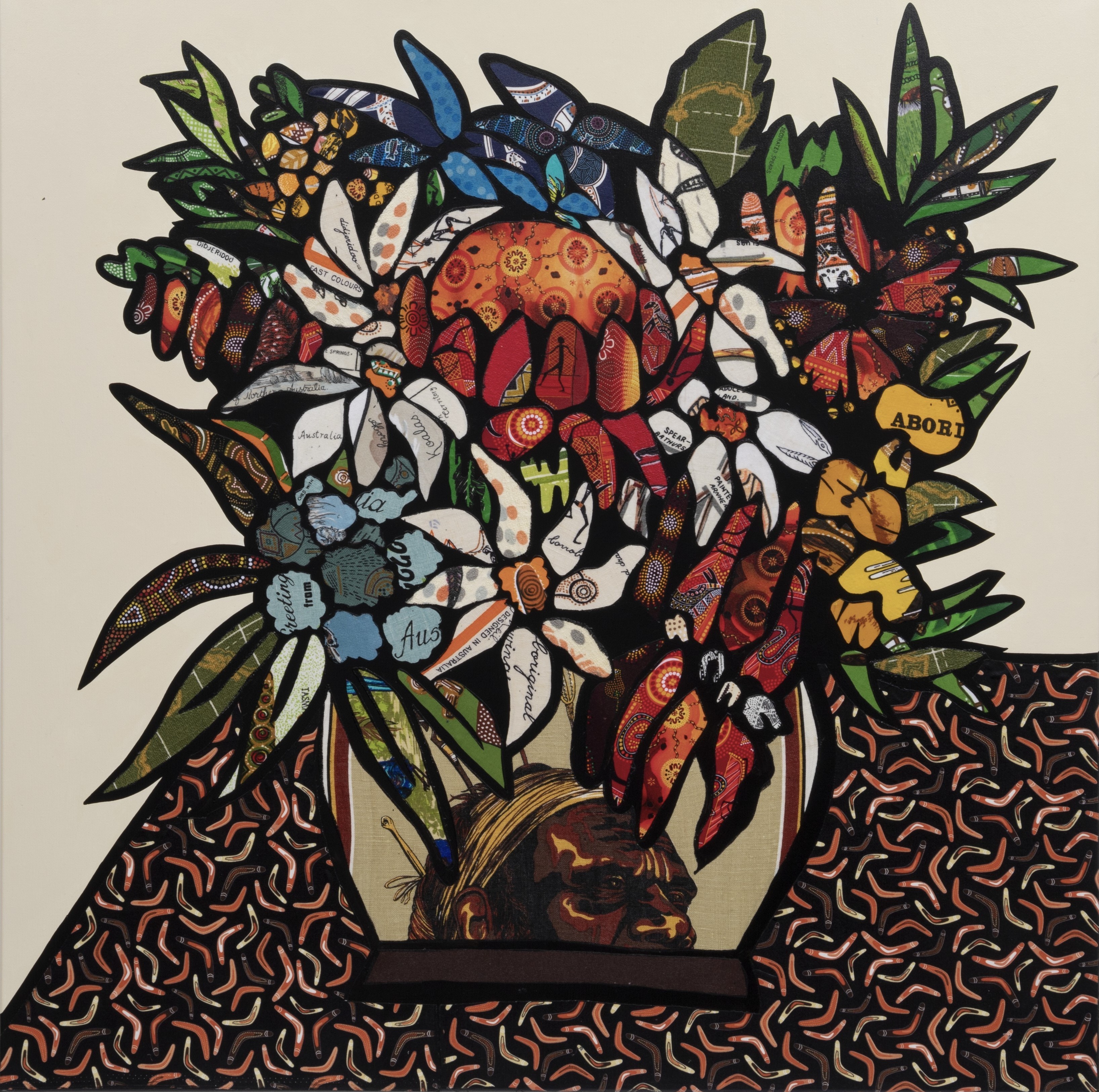 Tony Albert 'Preston (Hunter), 2024' Acrylic and vintage appropriated fabric on canvas